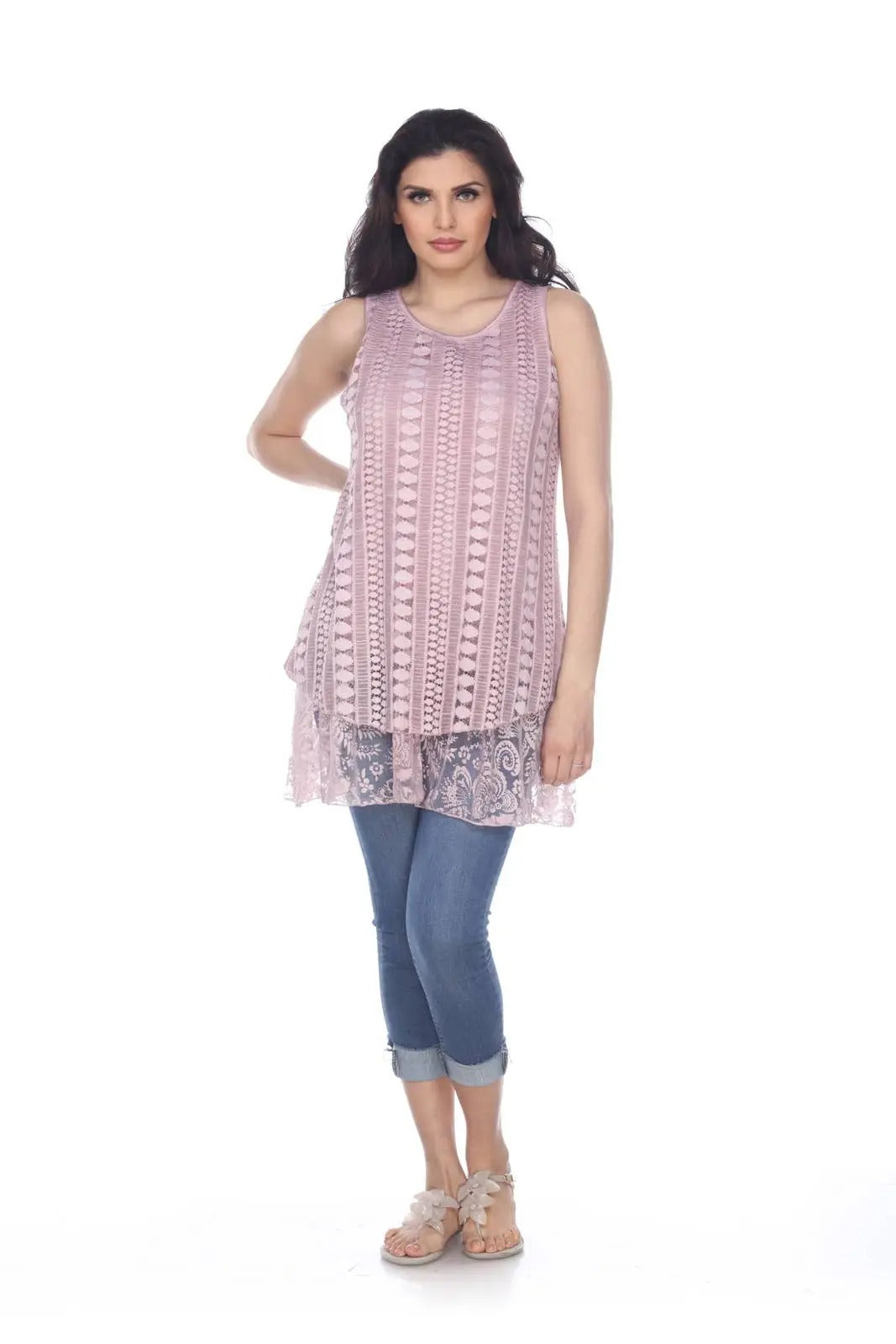 Women's Pink Lace Cable Knit Tunic Tank Top