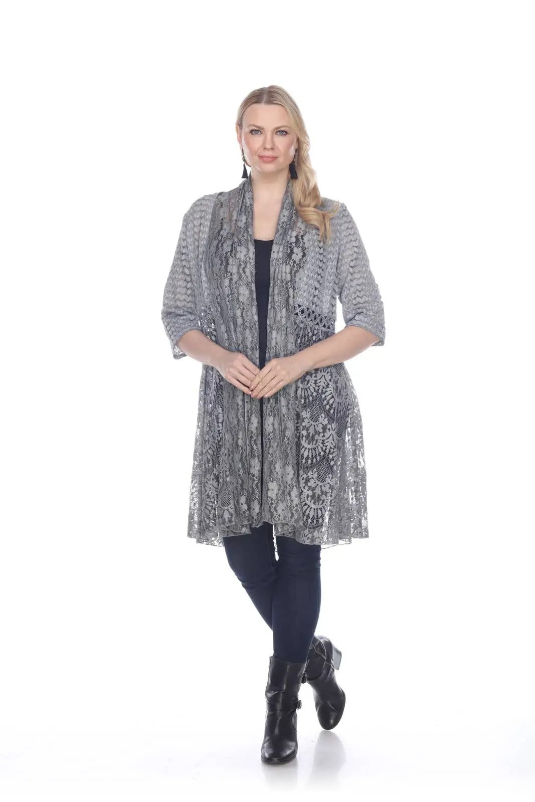 Women's Gray Lace Open Front Cardigan with Three-Quarter Sleeves