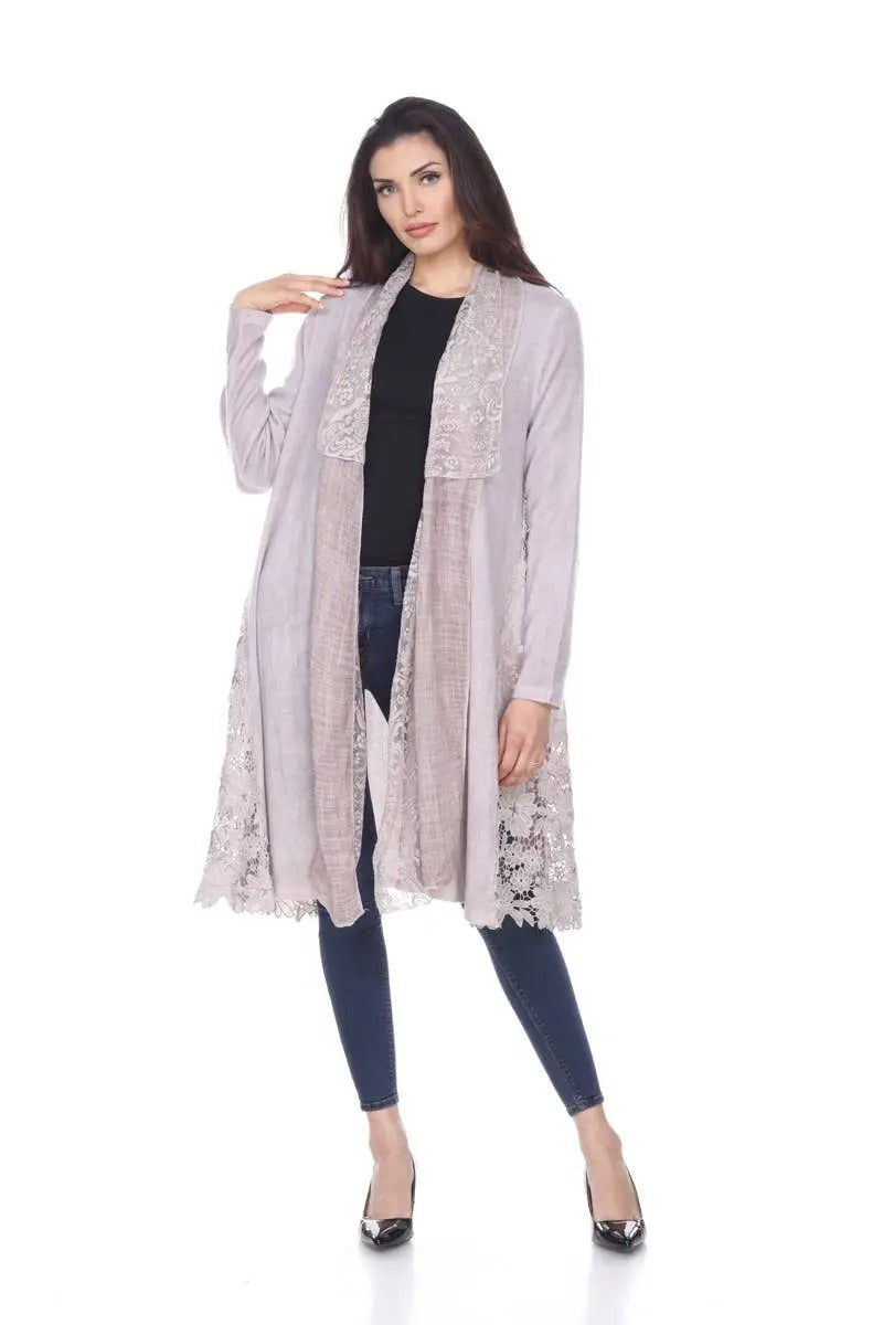 Women's Lace Trim Open Front Cardigan in Mauve