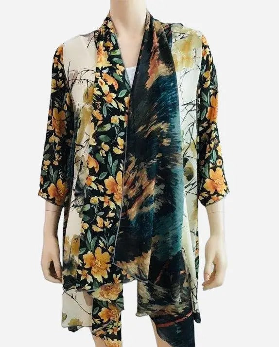 Women's Floral Print Open Front Cardigan with Mixed Pattern Design