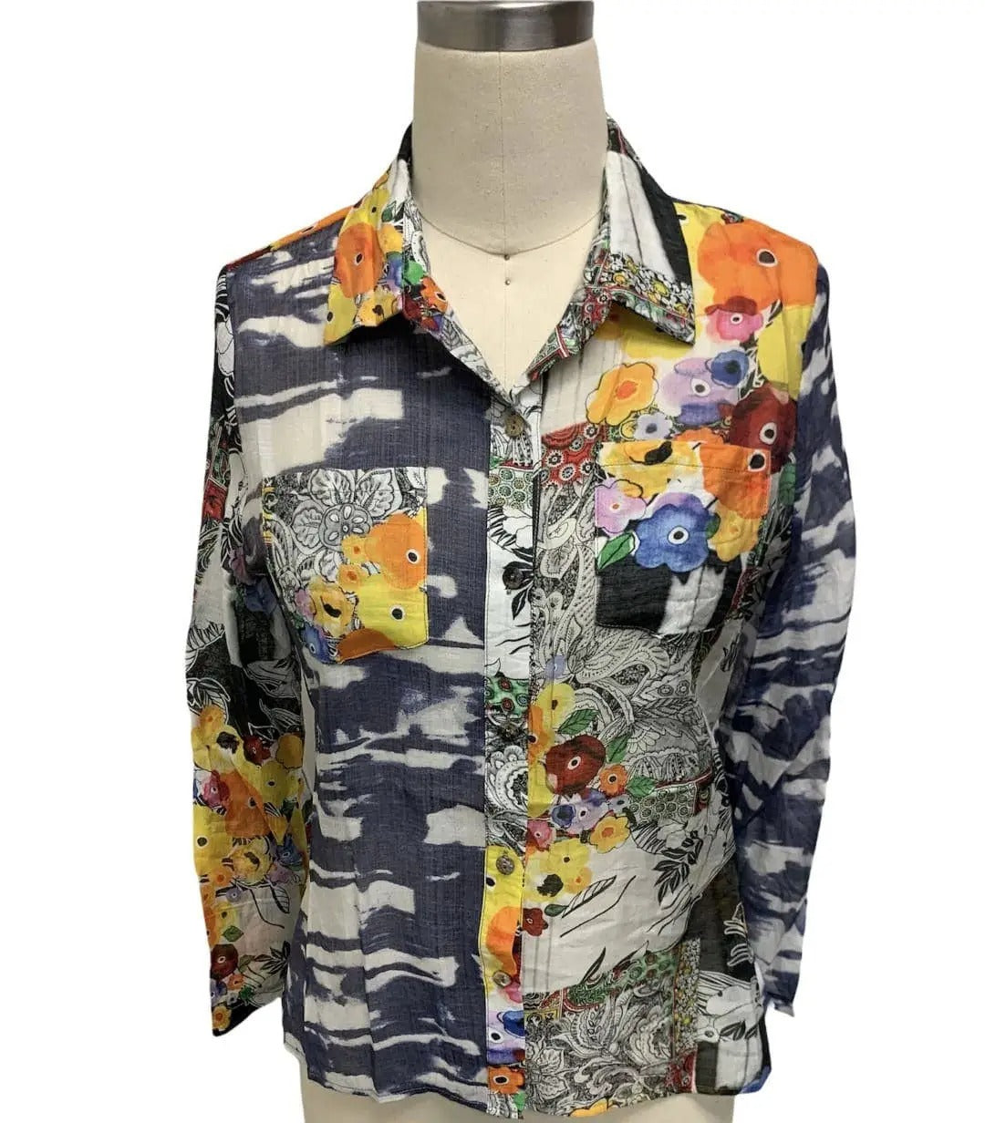 Women's Mixed Print Button-Front Blouse