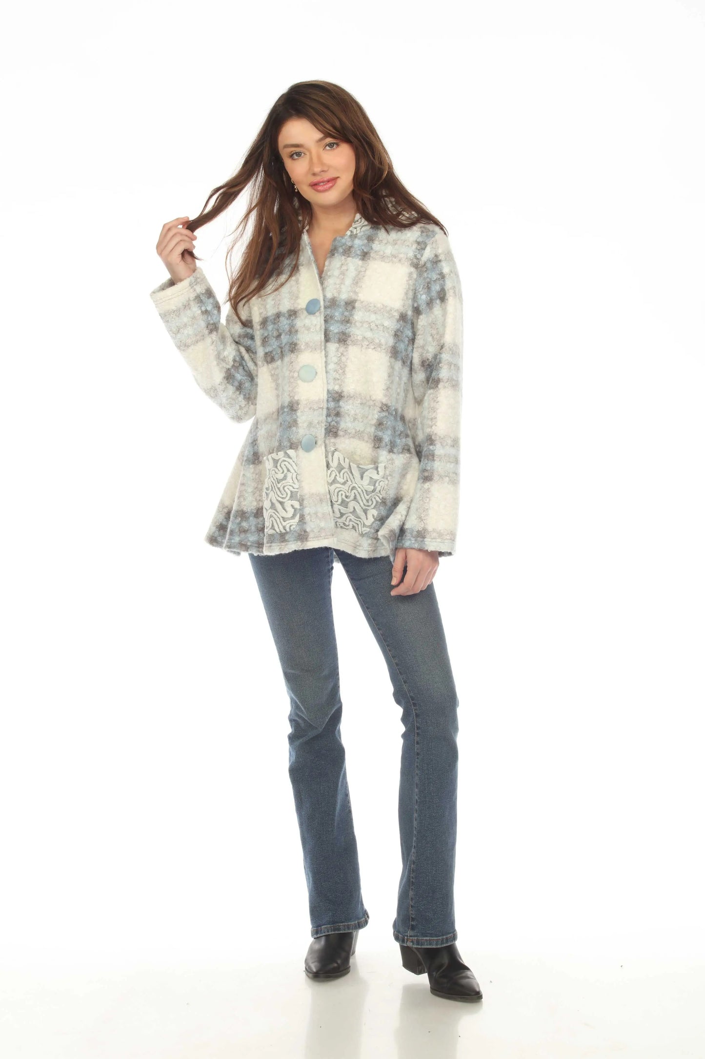 Women's Plaid Button-Front Cardigan with Decorative Embroidery
