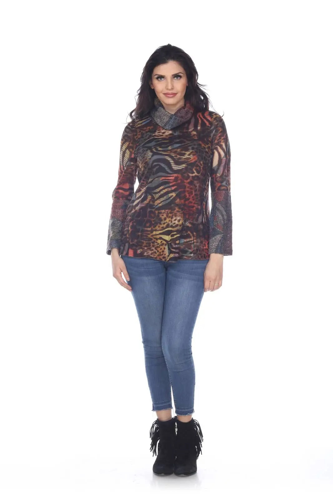 Women's Animal Print Cowl Neck Long Sleeve Top