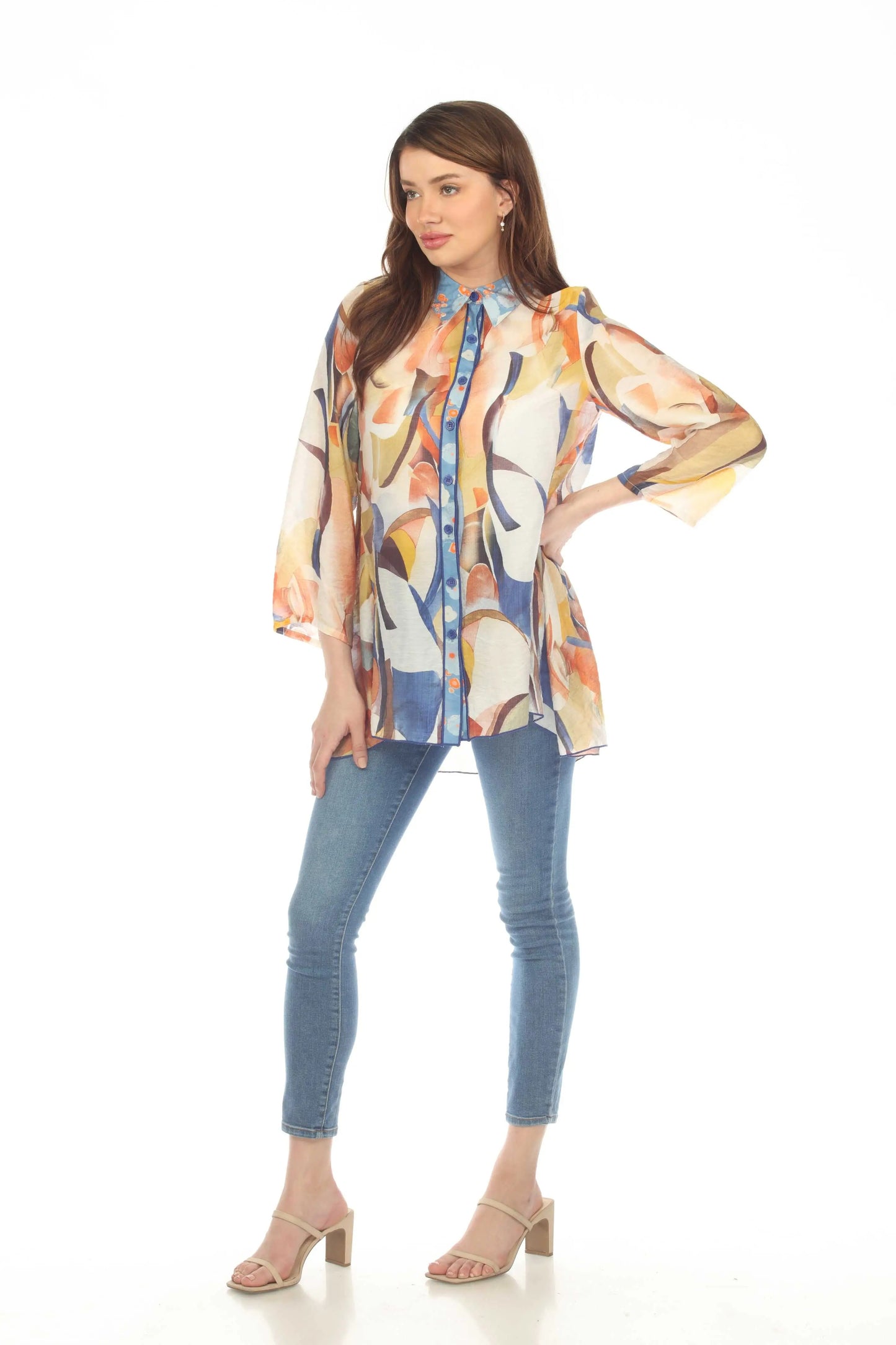Women's Colorful Abstract Print Button-Front Tunic Blouse