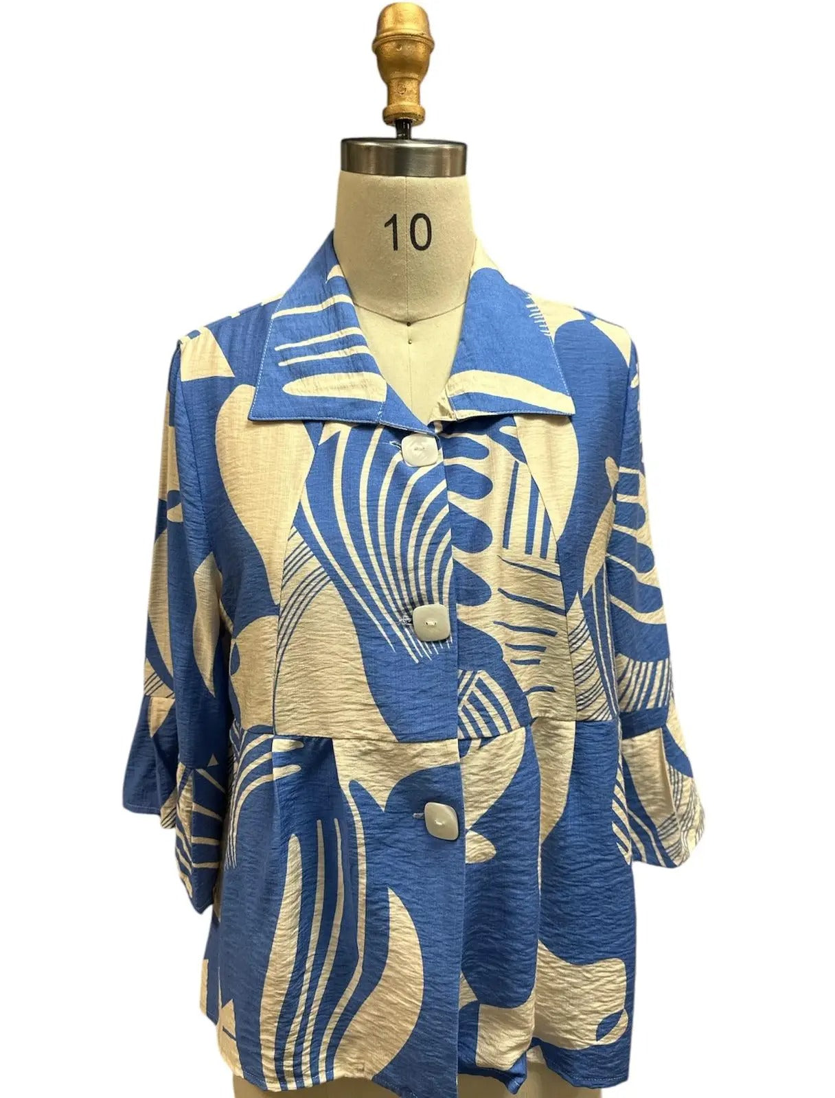 Women's Blue and Cream Abstract Patterned Collared Cardigan