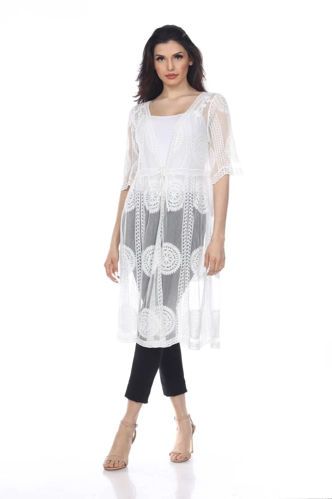 Women's White Lace Cardigan with Intricate Embroidered Detail