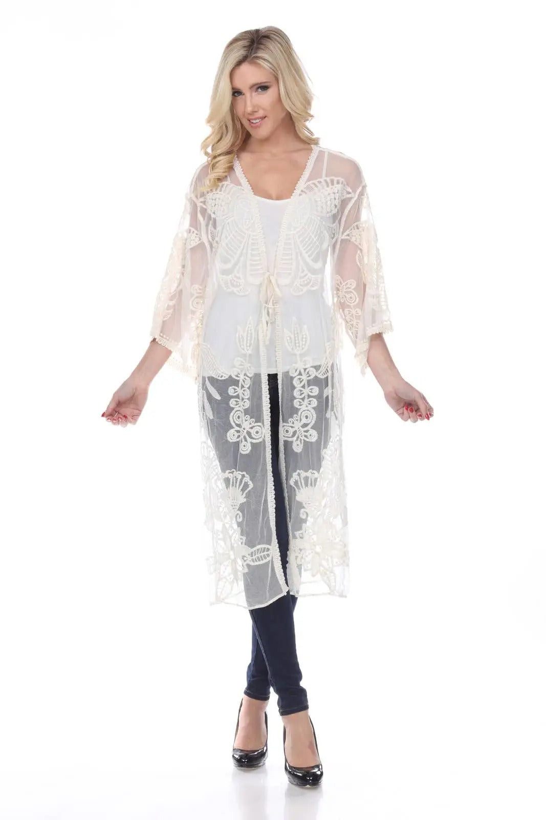 Women's Ivory Lace Duster Cardigan with Shell Embroidery