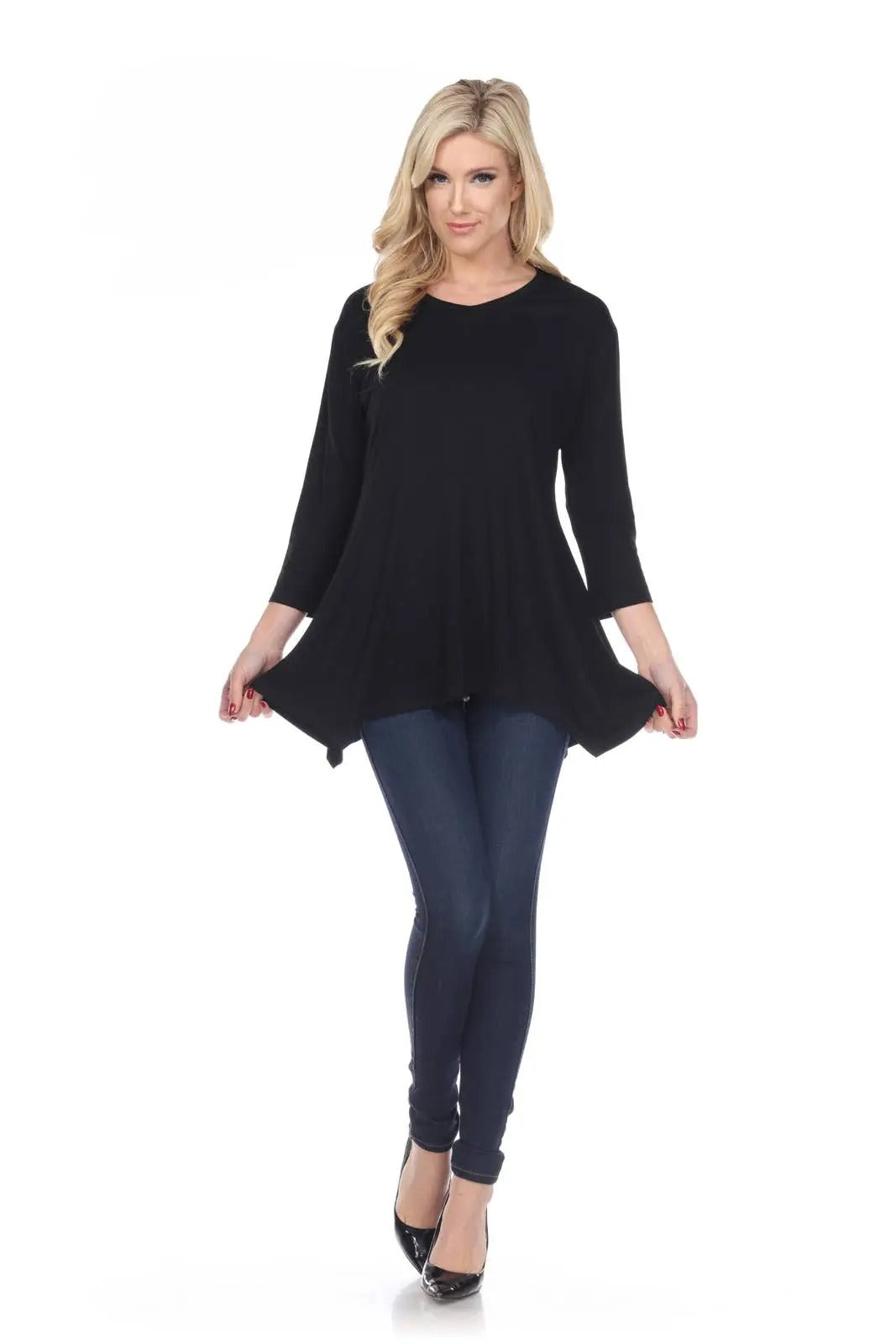 Women's Black Asymmetrical Tunic Top with 3/4 Sleeves