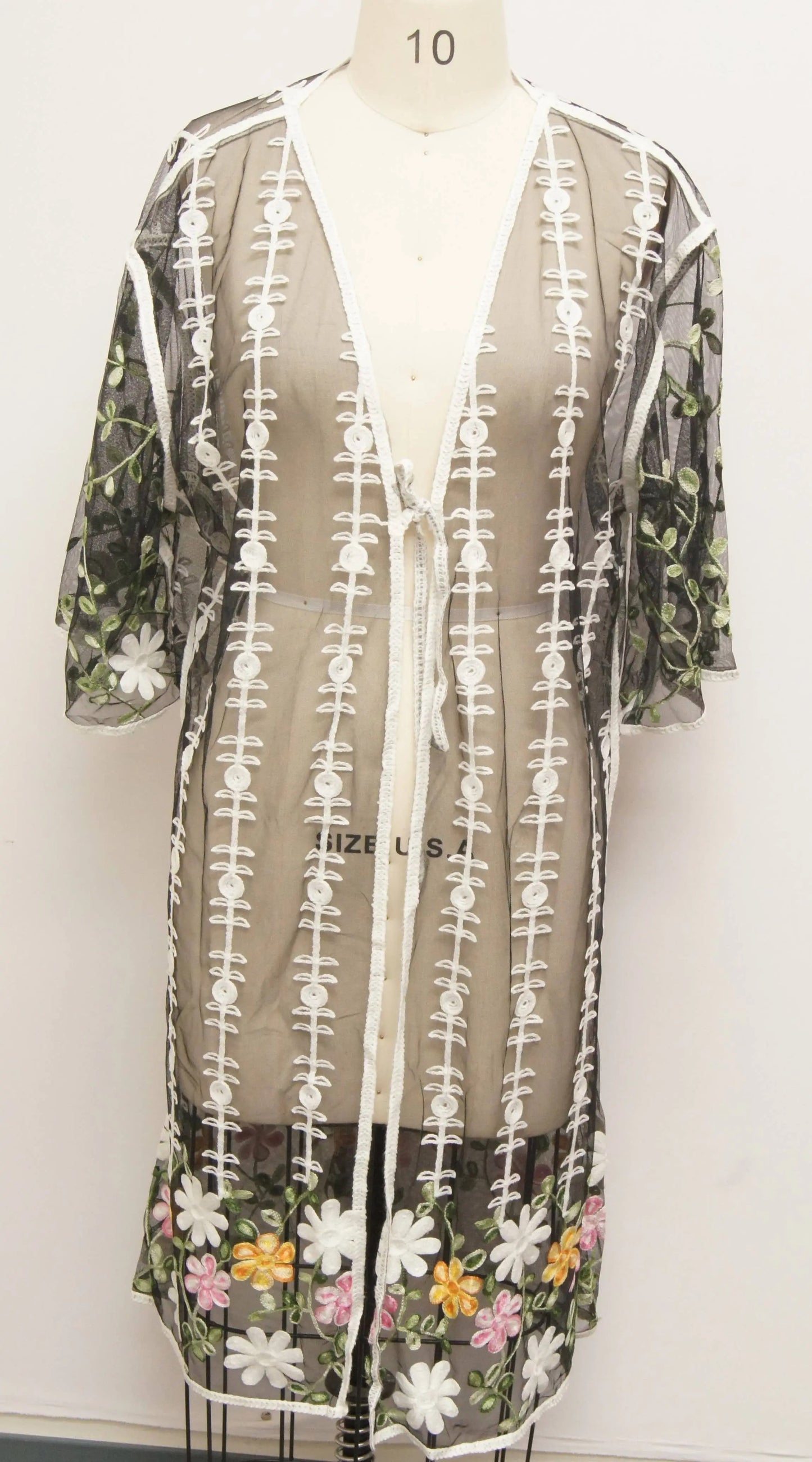 Women's Sheer Embroidered Kimono with Floral Border