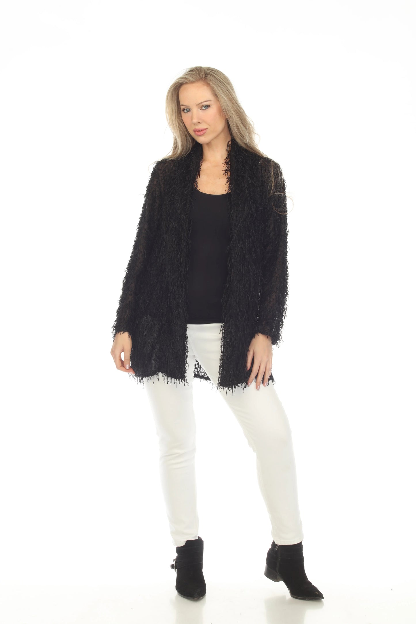Women's Black Eyelash Knit Open Front Cardigan
