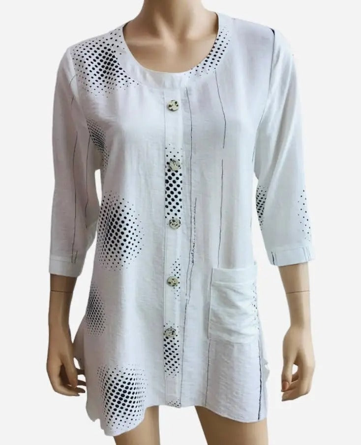 Women's White Button-Front Tunic with Perforated Dot Detail