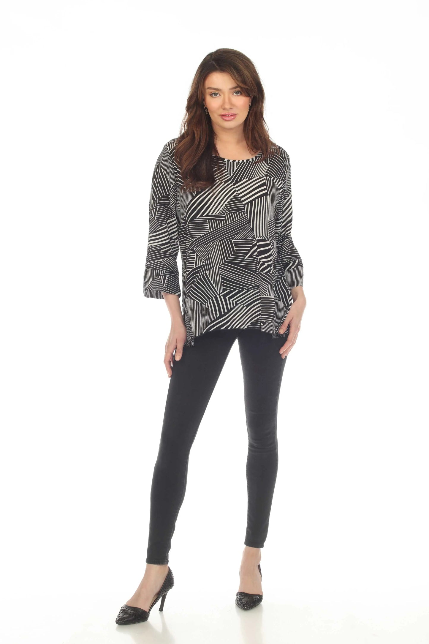 Women's Geometric Striped Tunic Blouse with Three-Quarter Sleeves