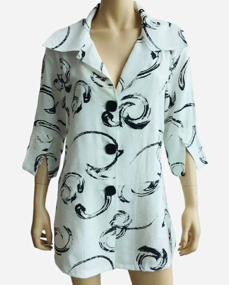 Women's Black and White Swirl Pattern Button-Front Dress