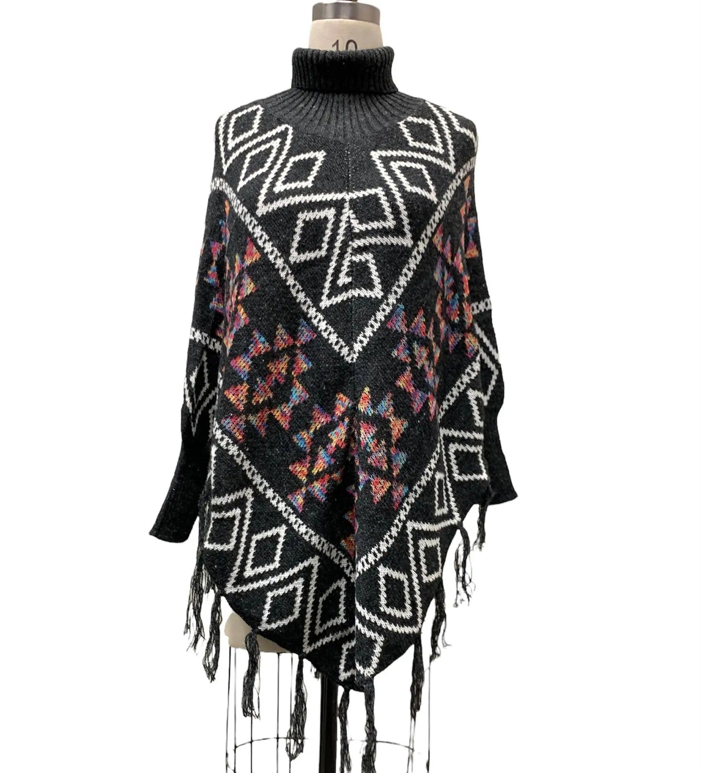 Women's Black Geometric Patterned Poncho with Colorful Accents