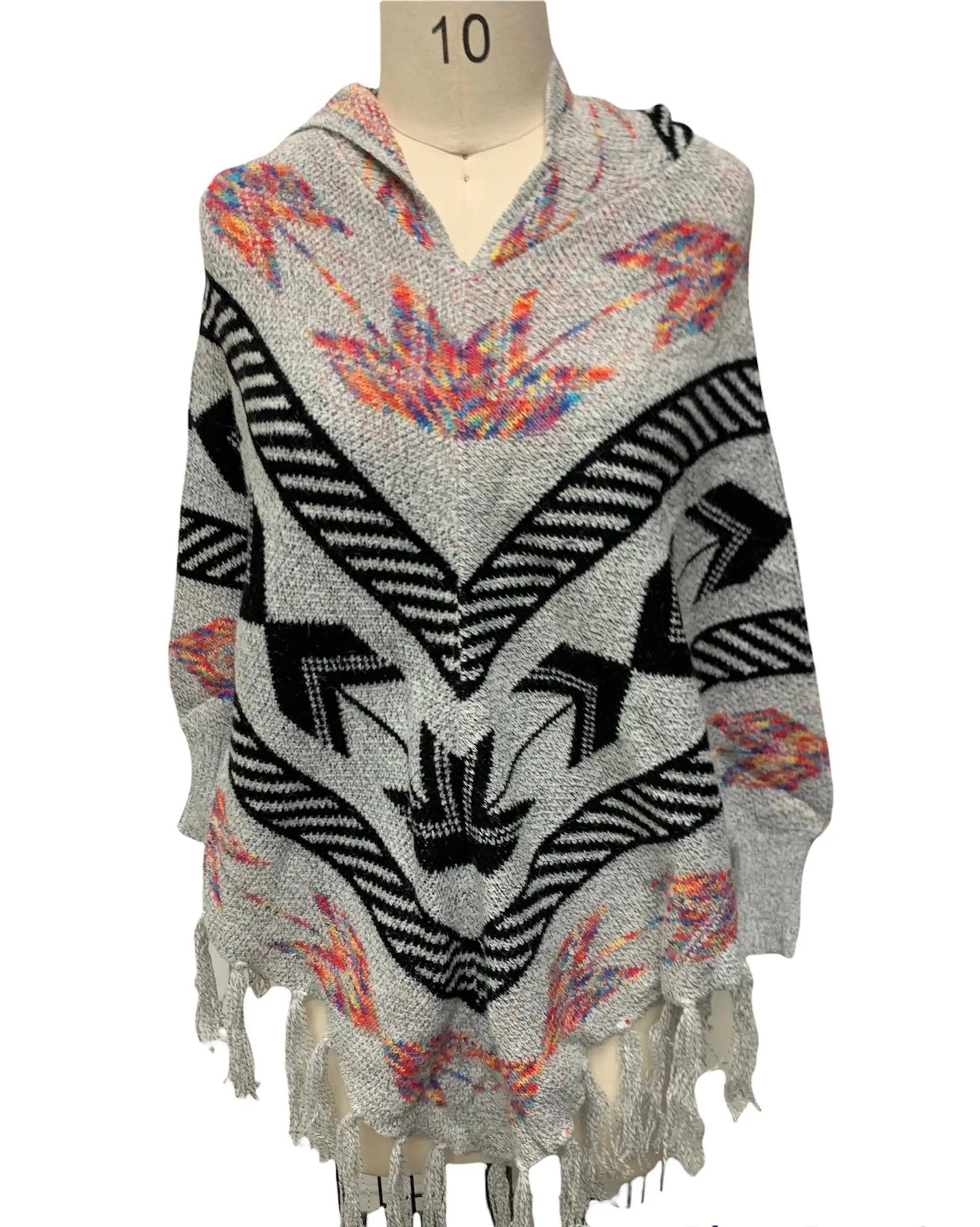 Women's Geometric Knit Poncho with Fringe Trim