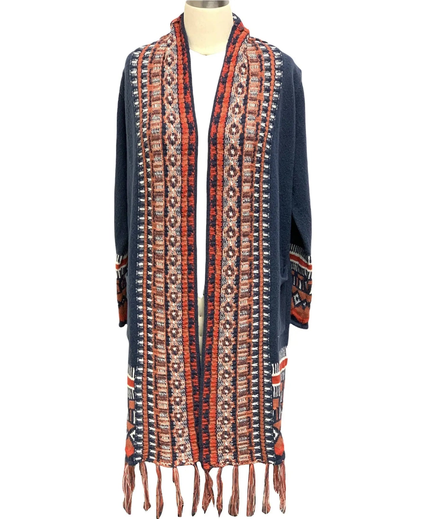 Women's Ethnic Patterned Open Front Cardigan with Fringe Trim