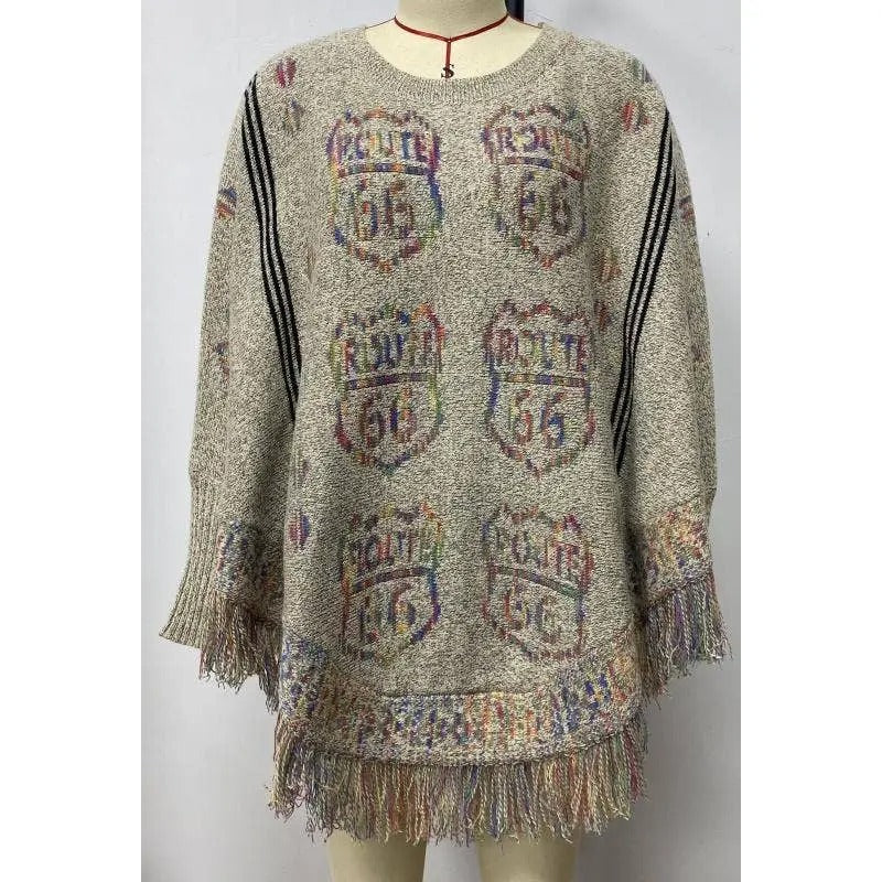 Women's Fringe Trim Knit Poncho with Geometric Pattern