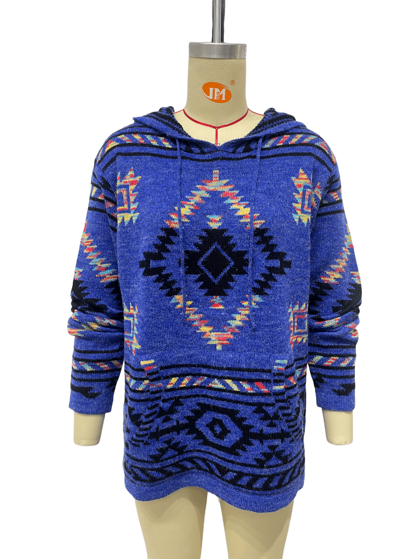 Women's Blue Geometric Aztec Knit Hoodie Sweater