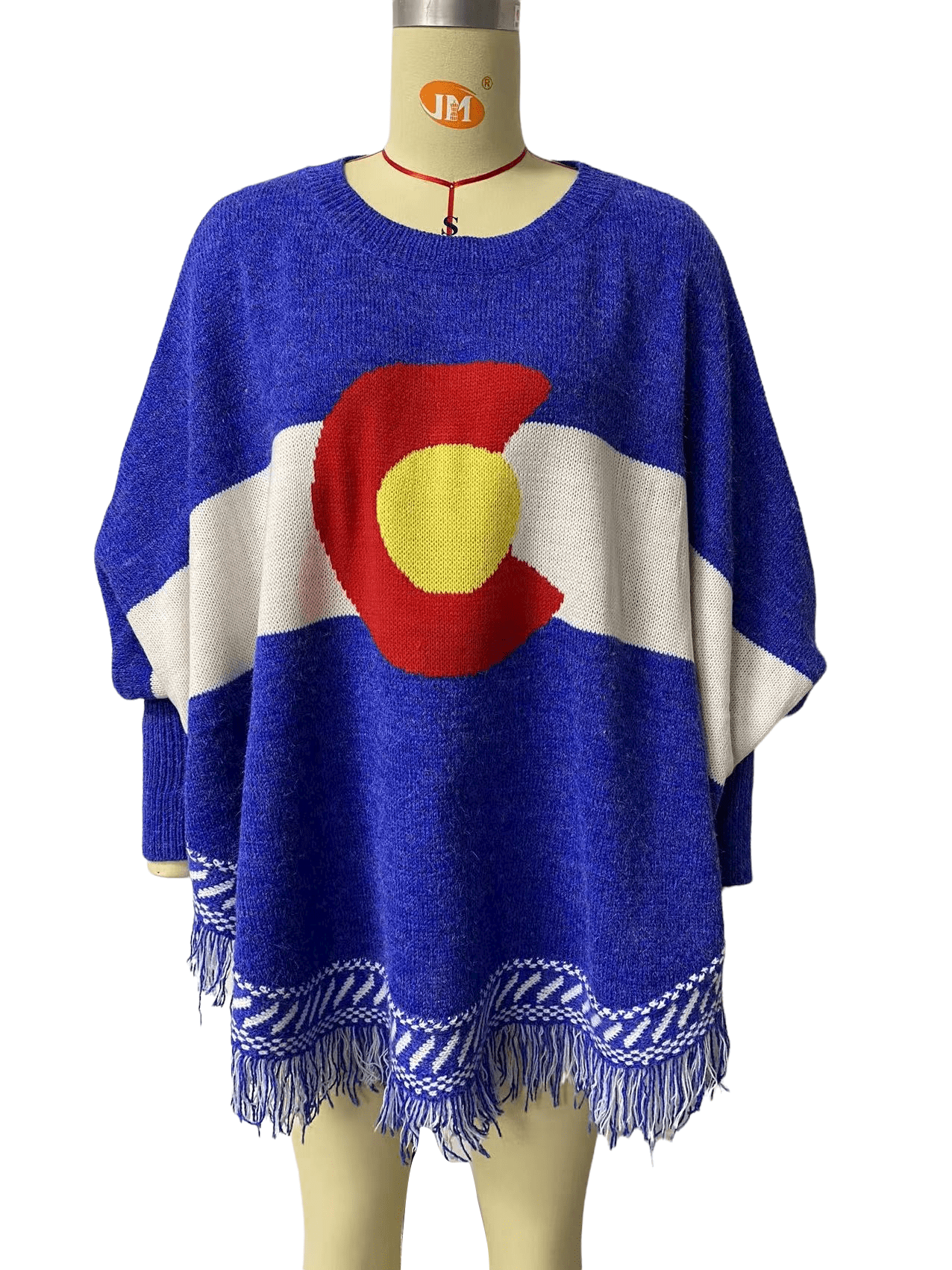 Women's Colorado Flag Knit Poncho with Fringe Trim