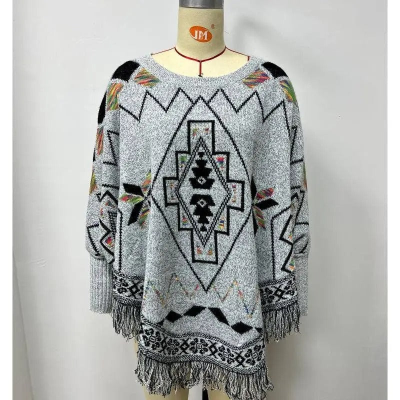 Women's Geometric Pattern Knit Poncho with Fringe Trim