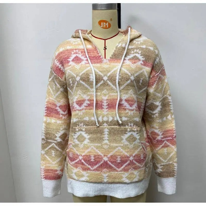 Women's Geometric Patterned Knit Hoodie Sweater