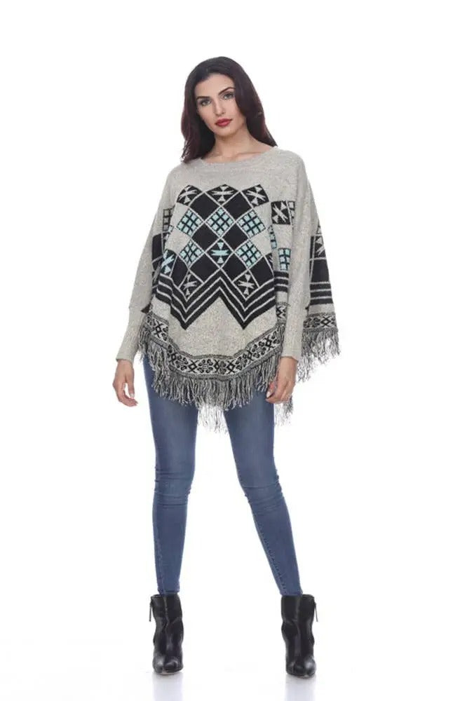 Women's Geometric Patterned Poncho Sweater with Fringe Trim