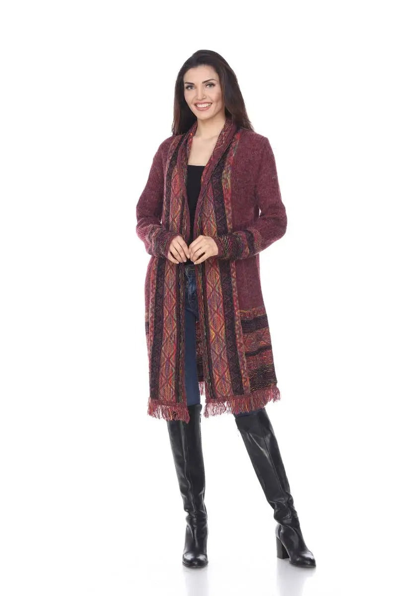 Women's Burgundy Geometric Patterned Long Cardigan with Fringe Trim
