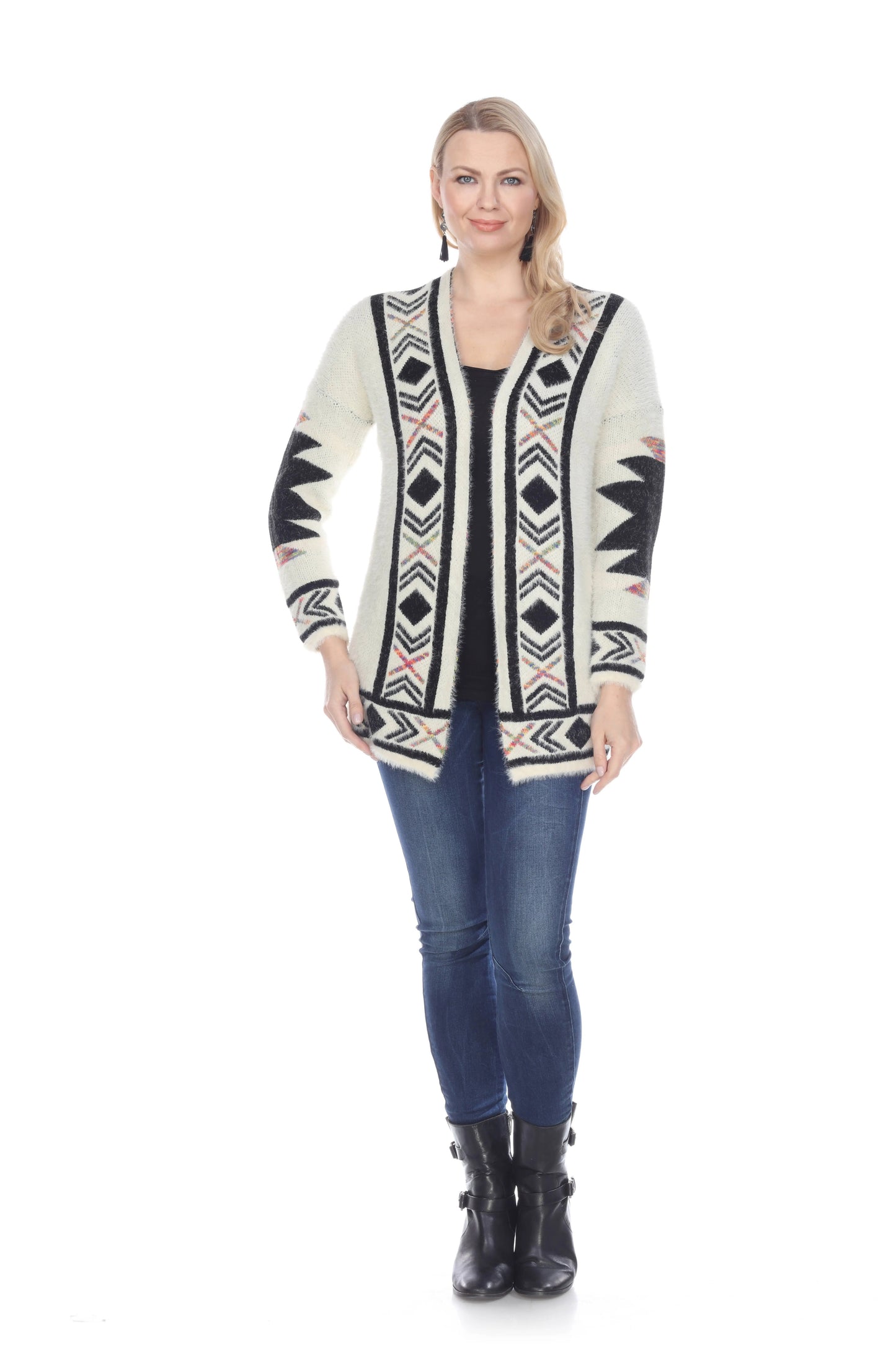 Women's Geometric Patterned Open Front Cardigan