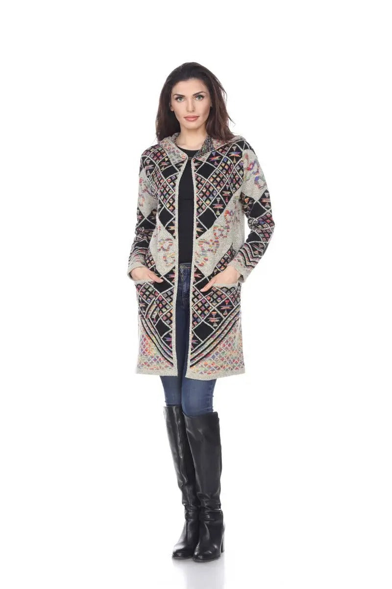 Women's Patterned Knit Cardigan Coat with Geometric Design