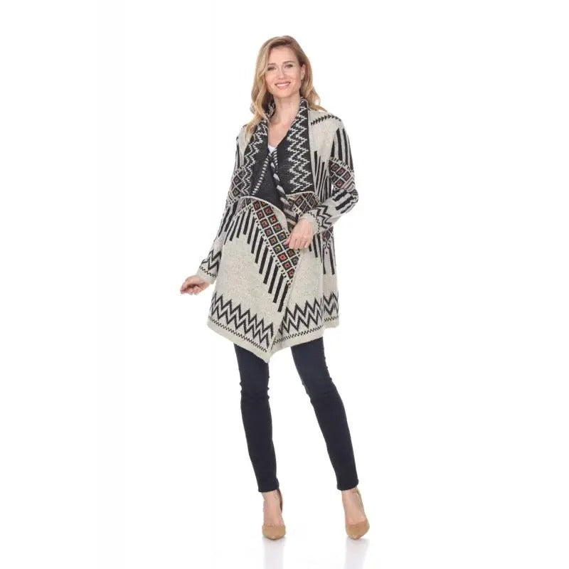 Women's Geometric Pattern Open Front Cardigan with Fringe Trim