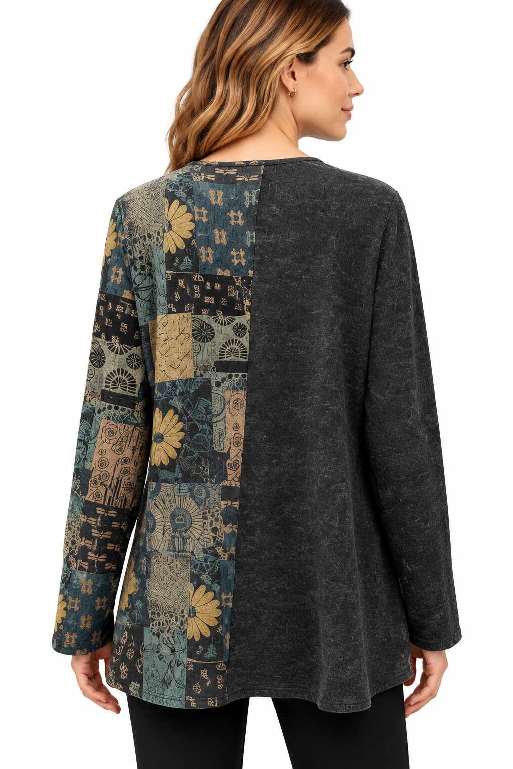 Women's Asymmetrical floral cut pocket two tone top