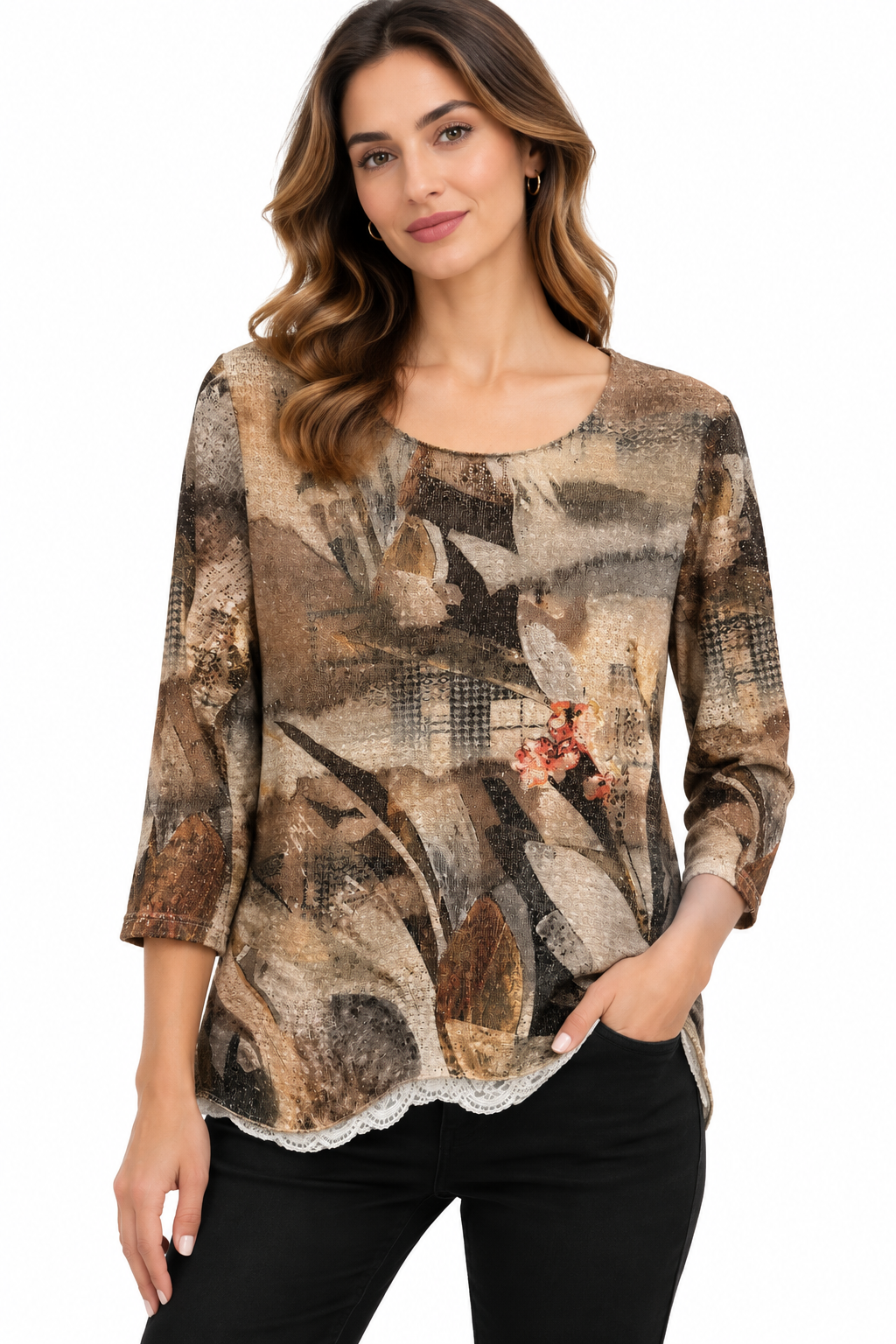 Women's brown abstract art Round neck Top