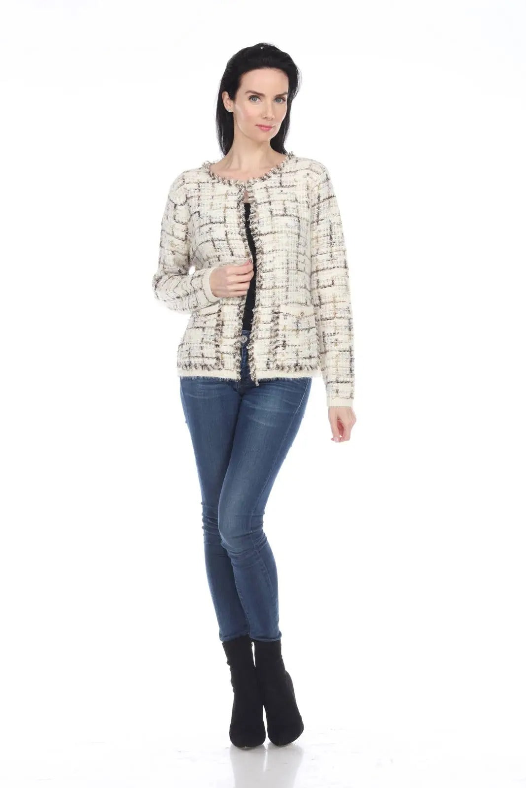 Women's Cream Tweed Open-Front Cardigan with Frayed Trim