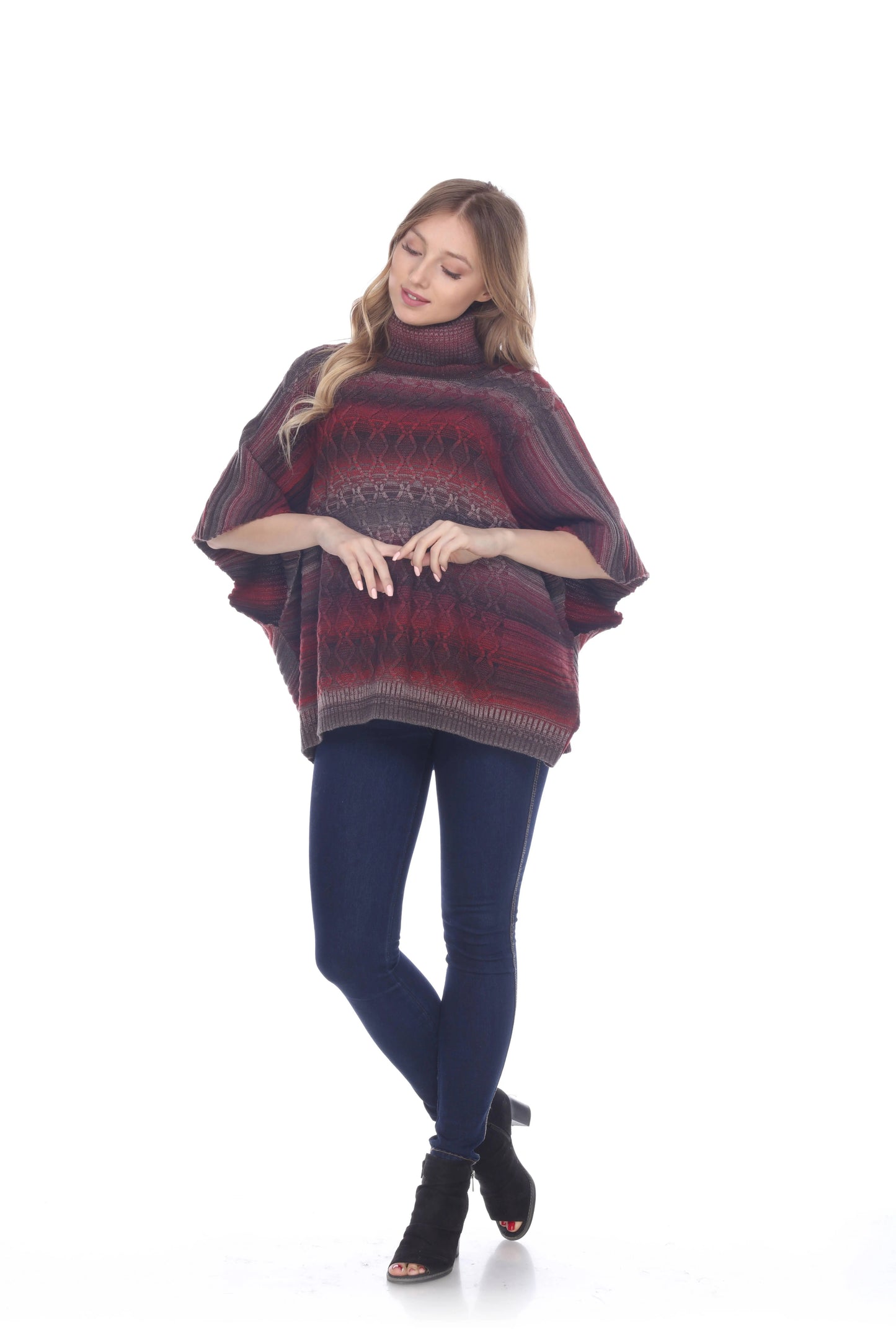 Women's Burgundy Turtleneck Poncho Sweater with Geometric Pattern