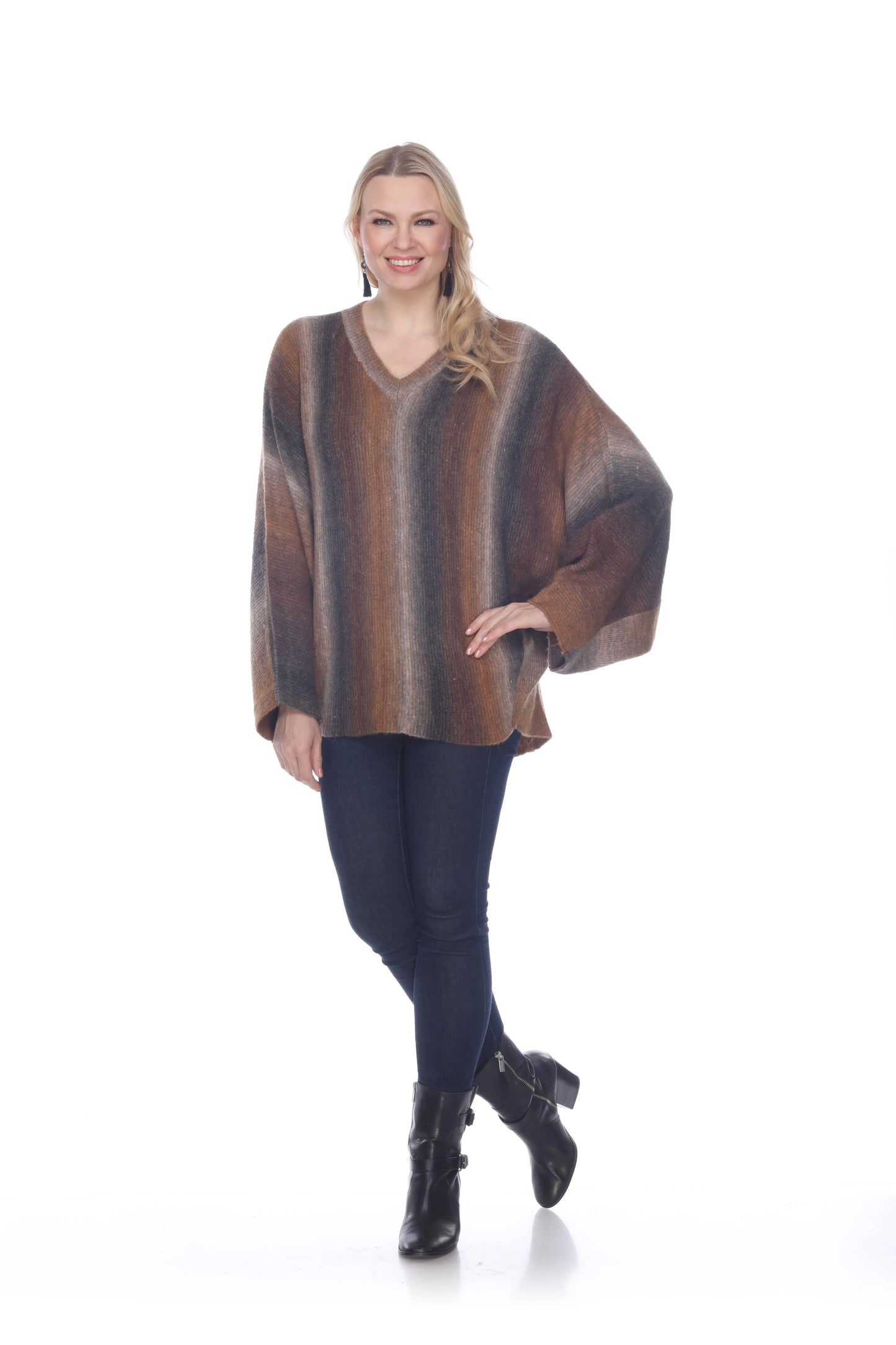 Women's Striped V-Neck Poncho Sweater