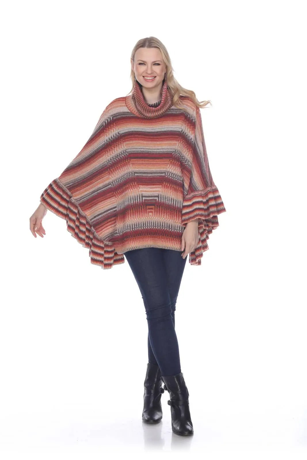 Women's Striped Cowl Neck Poncho Sweater