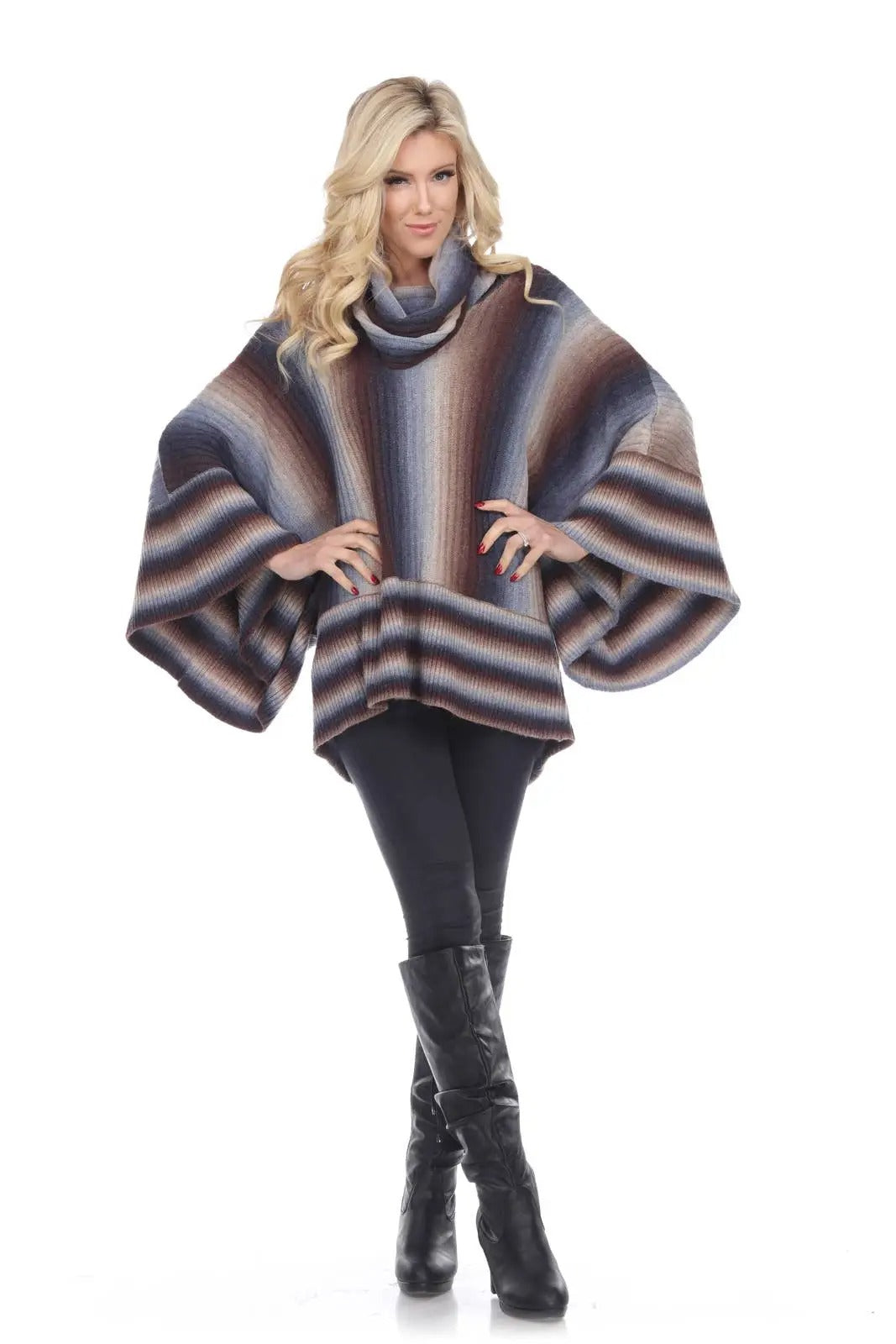 Women's Striped Cowl Neck Poncho Sweater