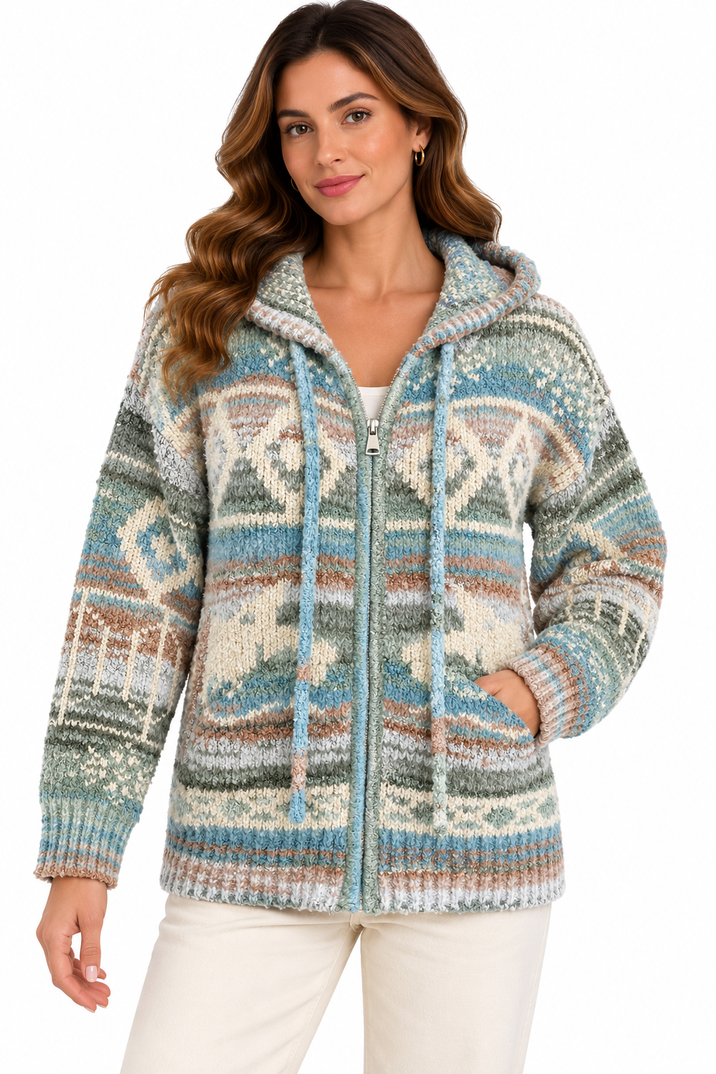 Women's Teal multi zip hood sweater Jacket
