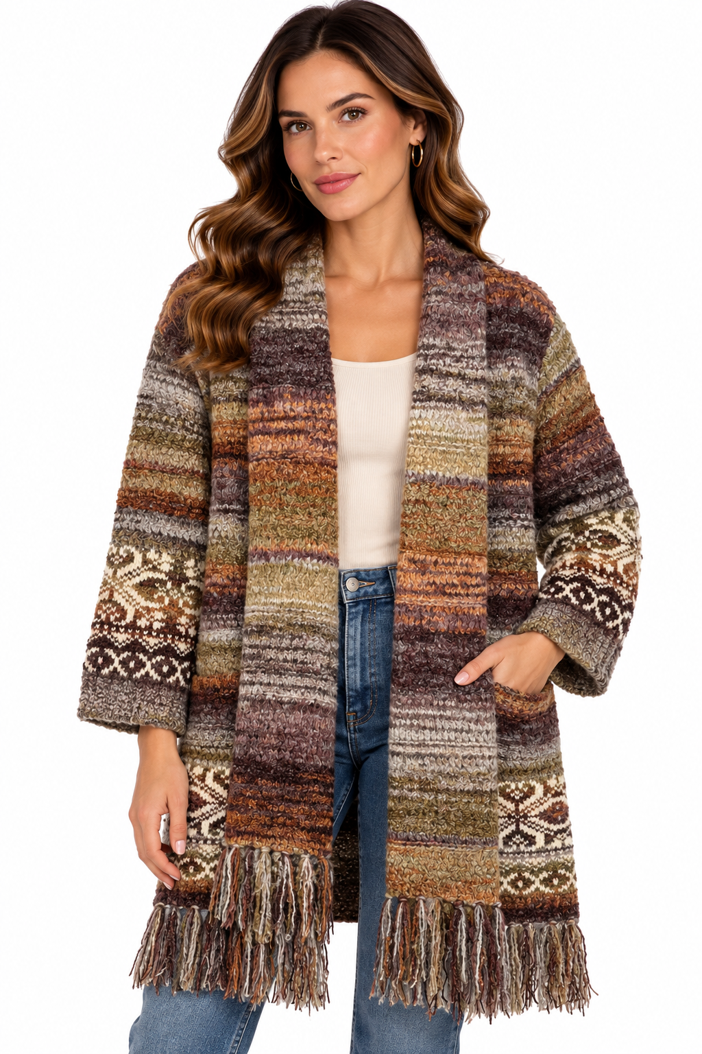 Women's multi rust hem fringe open front cardigan