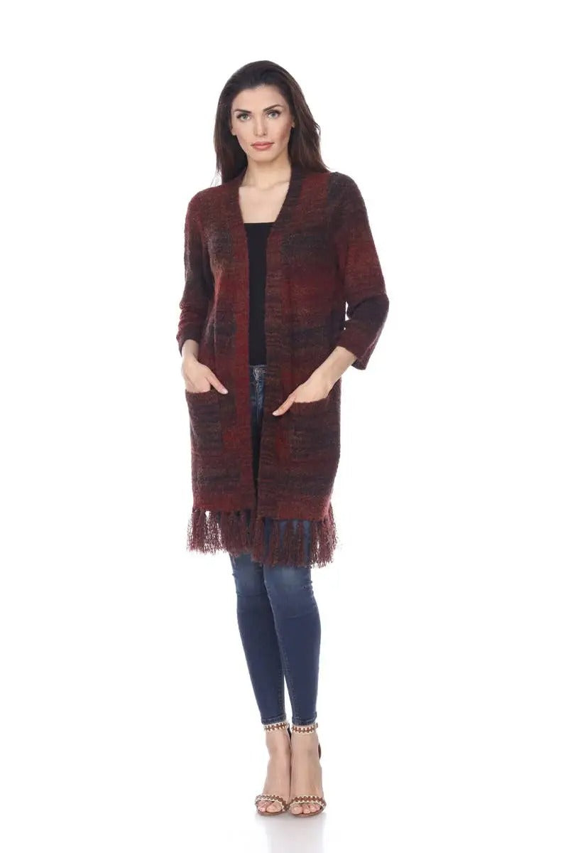 Women's Marled Knit Open Front Cardigan with Fringe Trim