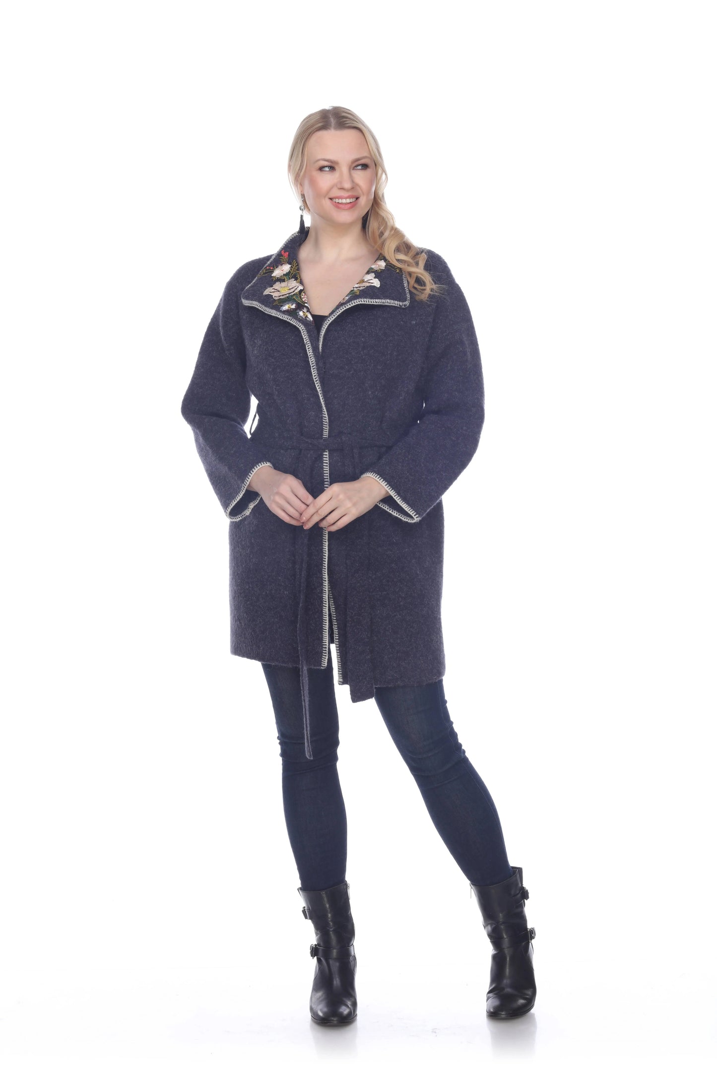 Women's Navy Zip-Front Wool Coat with Decorative Trim