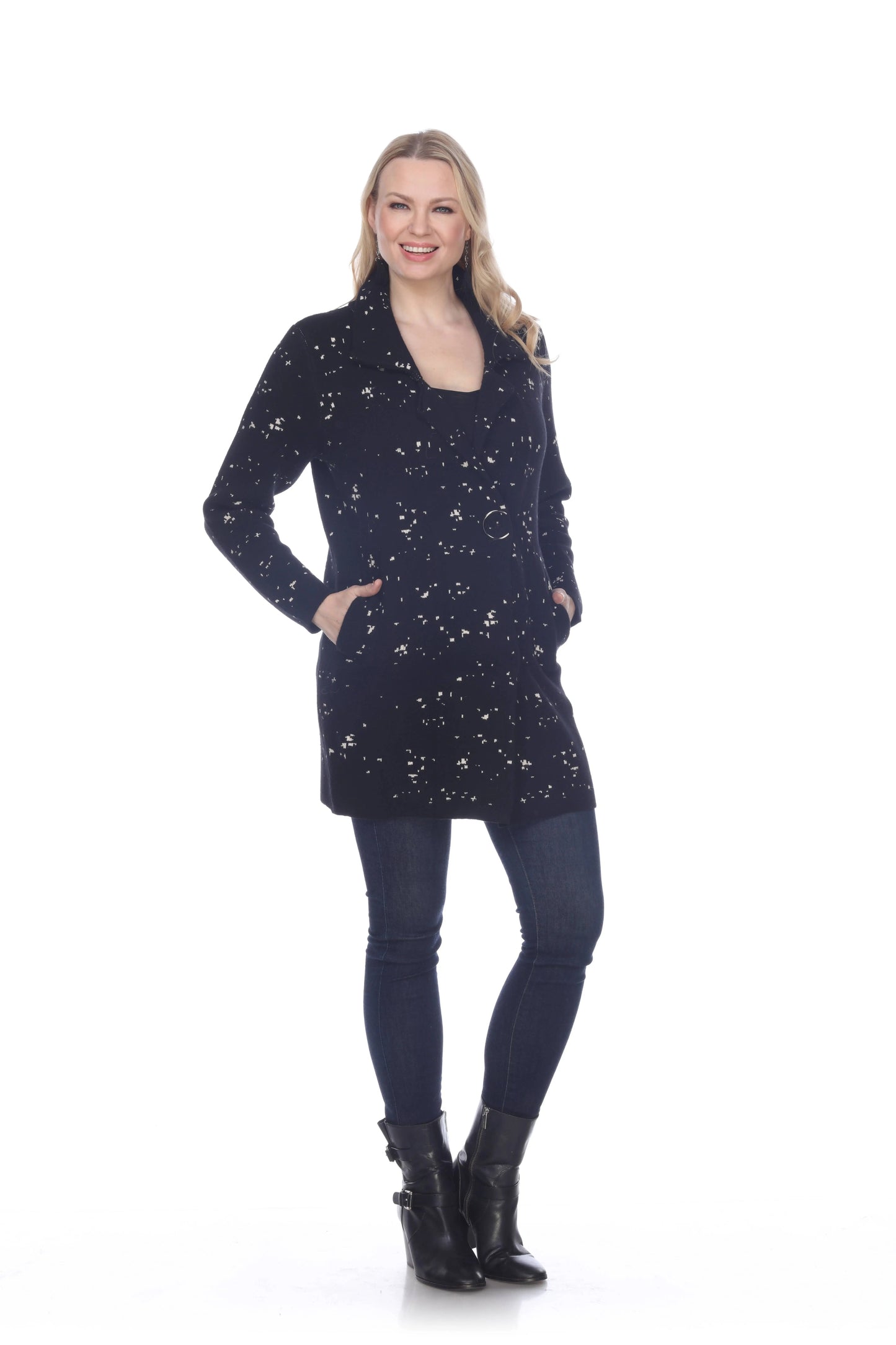 Women's Navy Speckled Knit Cardigan with Collar