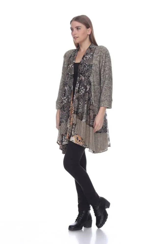 Women's Mixed Print Open Front Cardigan with Layered Design