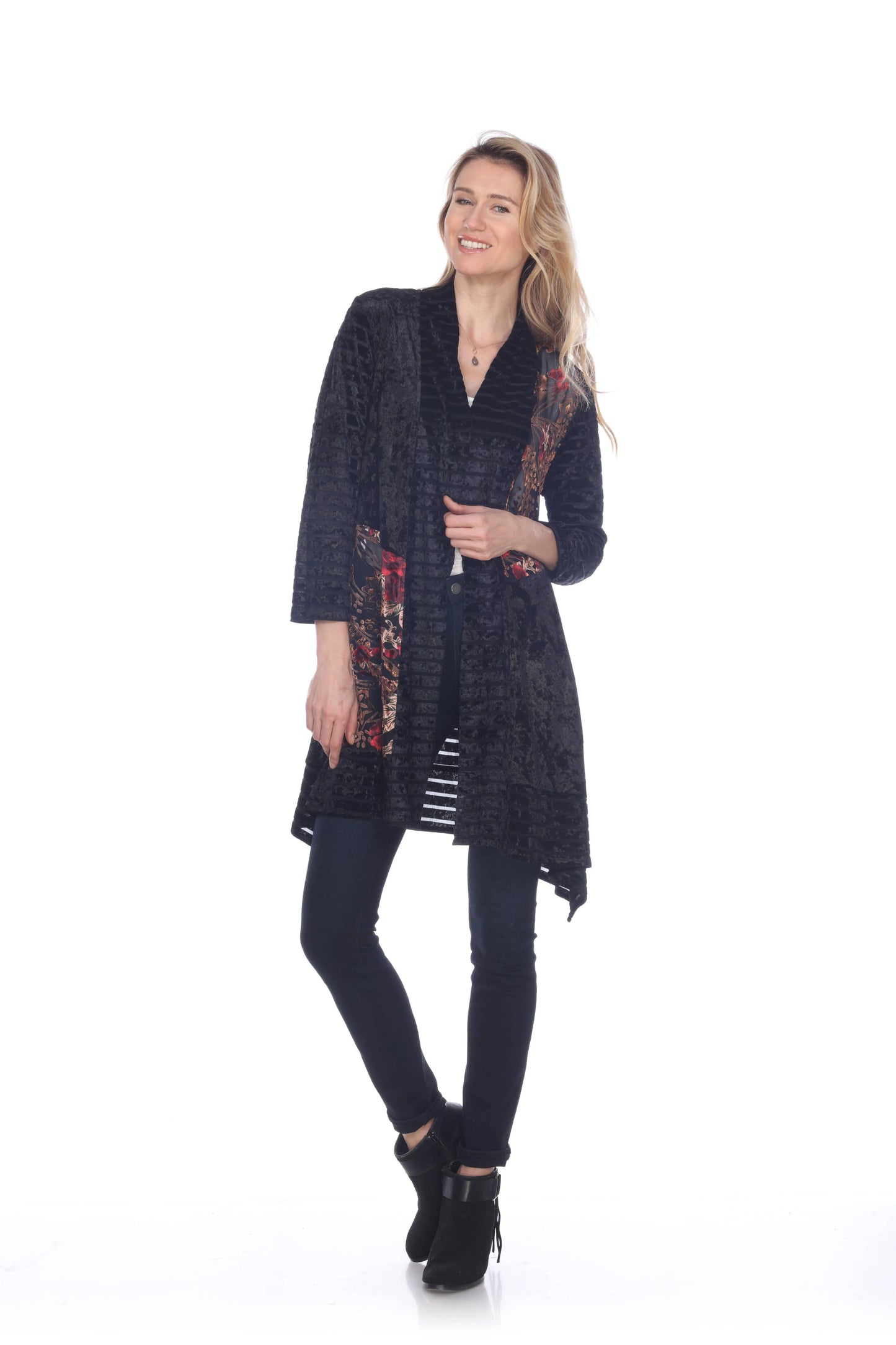 Women's Open Front Cardigan with Floral Patchwork Detail