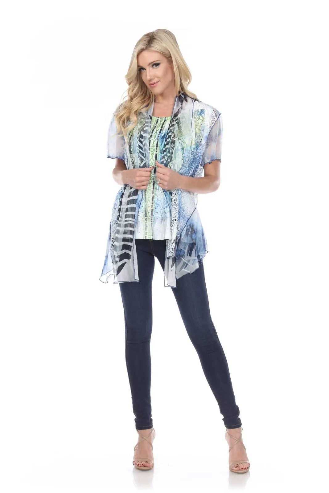 Women's Blue Patchwork Open Front Cardigan with Sheer Sleeves