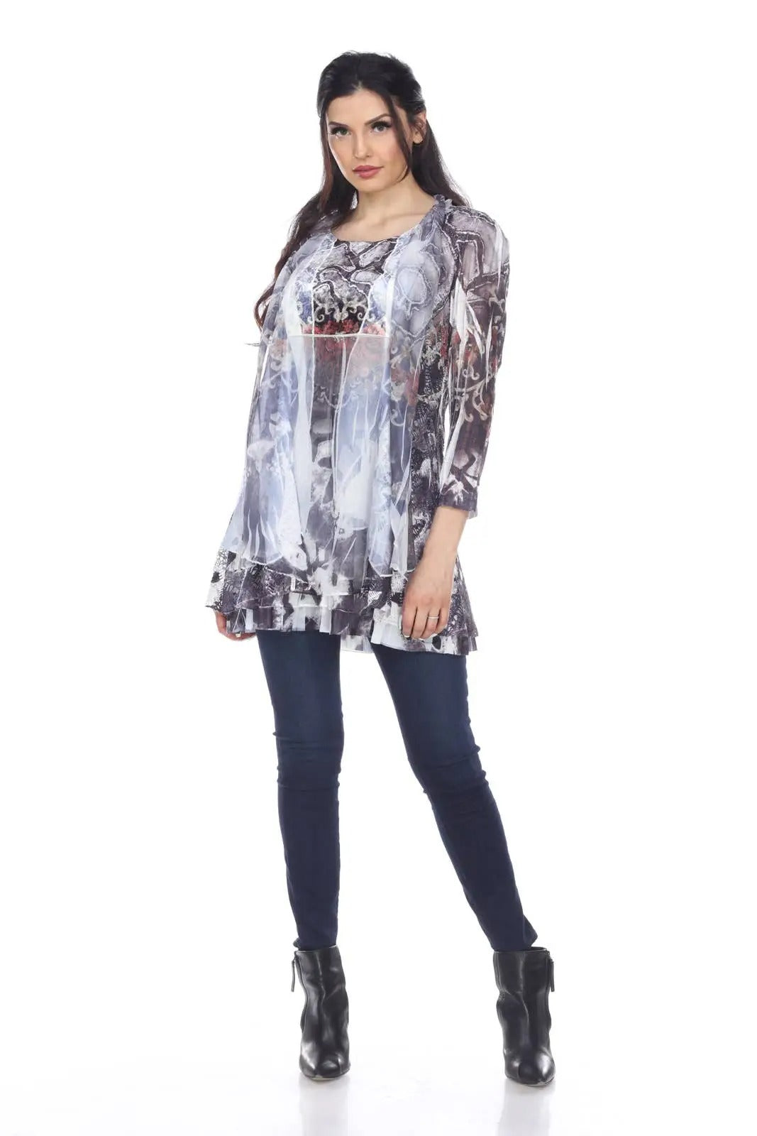 Women's Abstract Print Tunic with Three-Quarter Sleeves