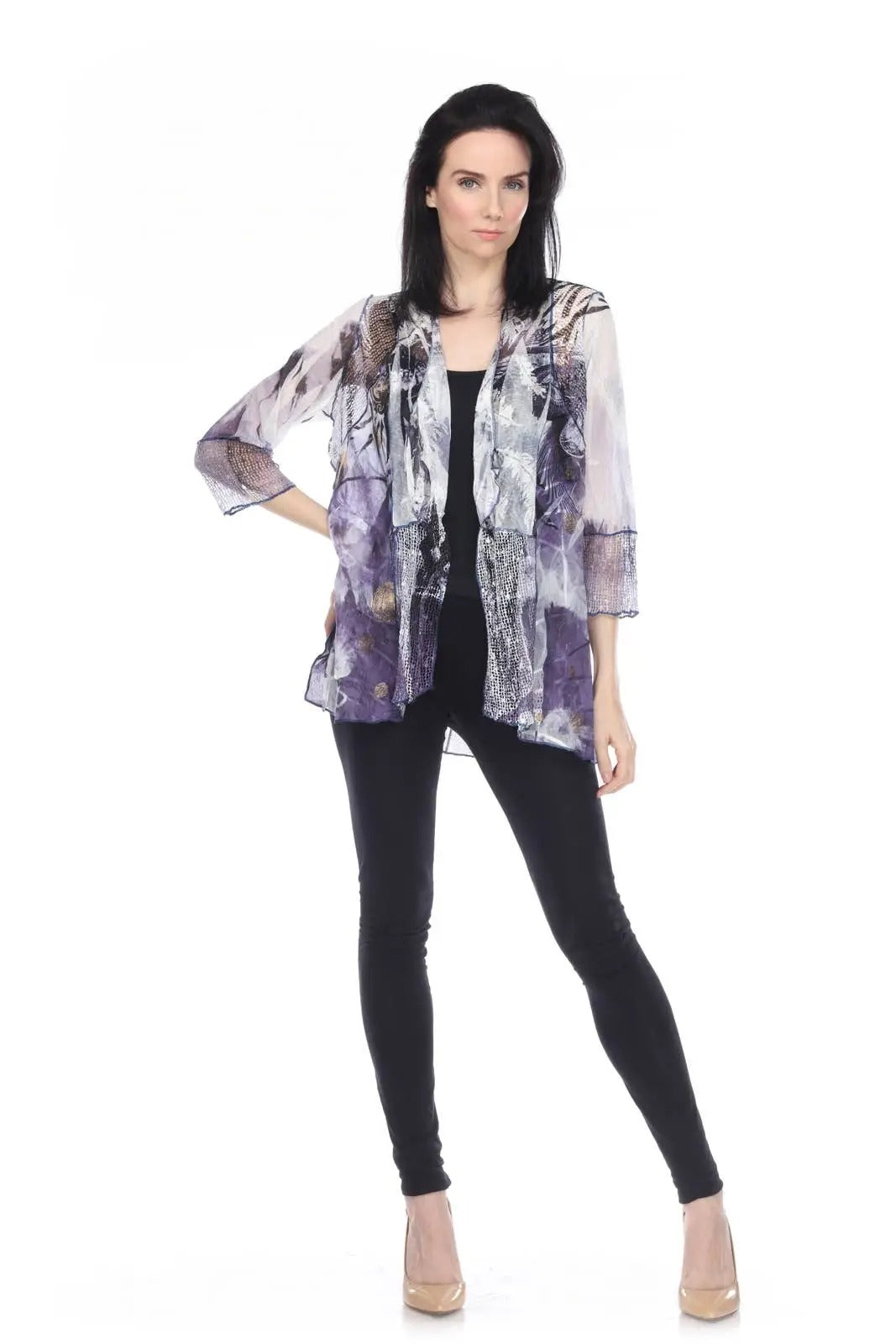 Women's Purple Floral Print Open Front Cardigan with Mesh Panels