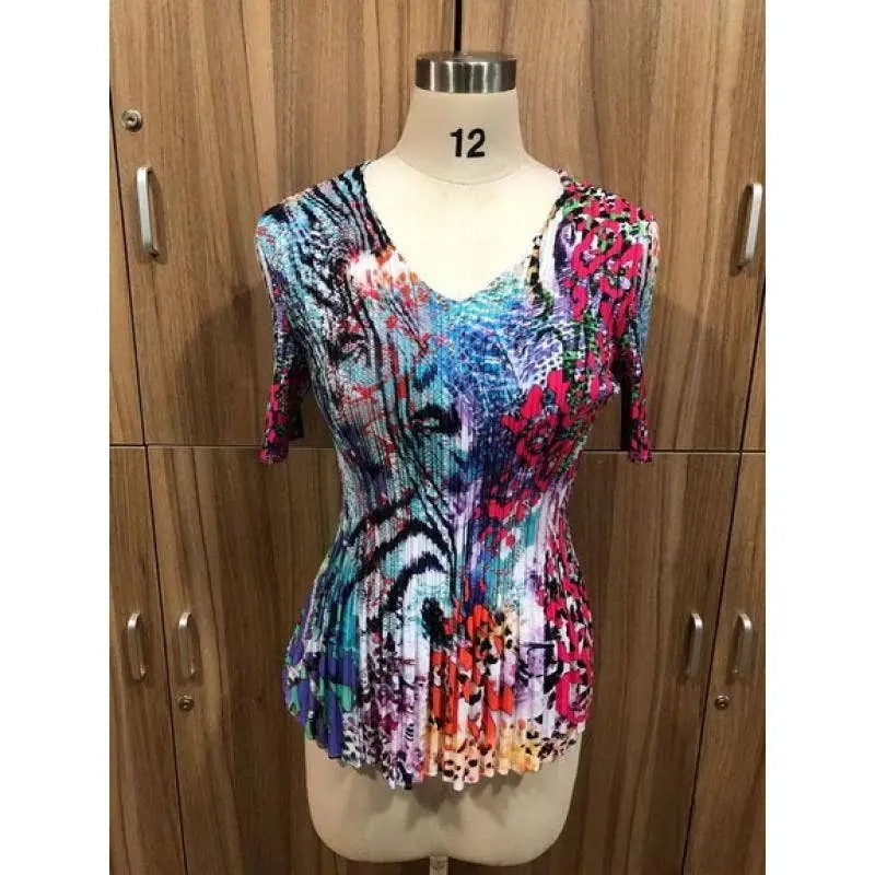 Women's Colorful Patterned Short Sleeve V-Neck Blouse