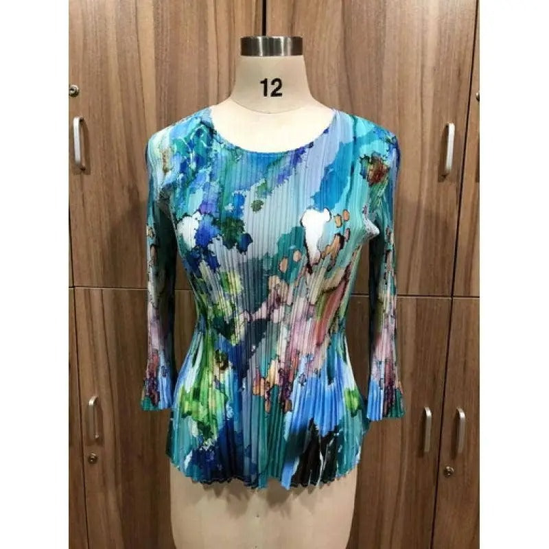 Women's Pleated Floral Print Blouse with Three-Quarter Sleeves