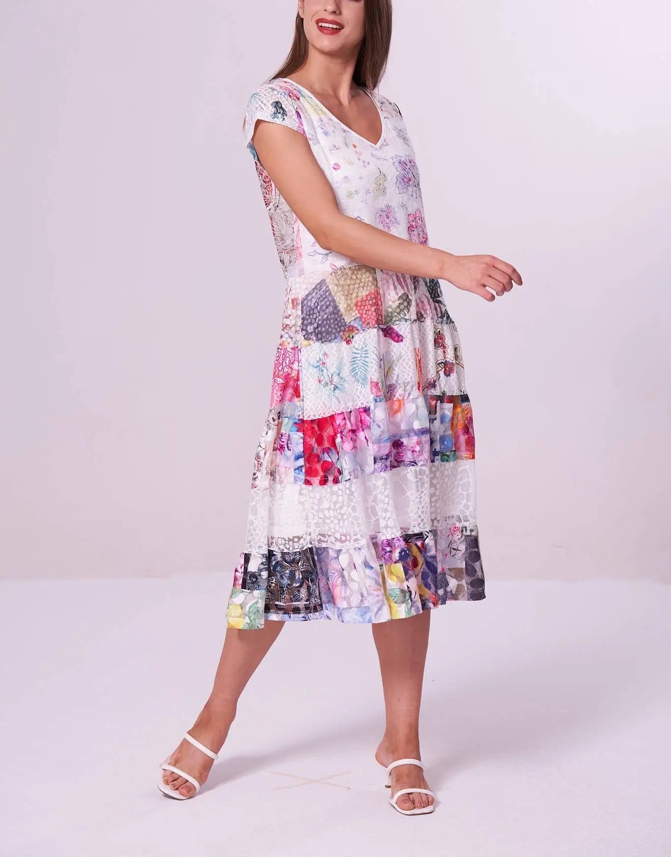 Women's Floral Patchwork Tiered Midi Dress